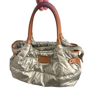 Kate Spade Metallic Silver Quilted Nylon Puffer Satchel Bag Vachetta Leather